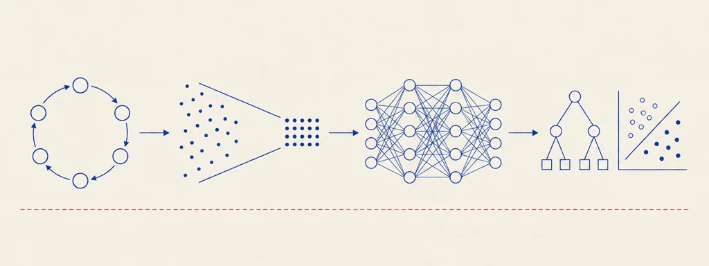 Course roadmap: the CRISP-DM cycle foundations, then business and data understanding, then data preparation, then neural networks, then modeling and evaluation with decision trees, hyperparameter optimization and instance/neural models