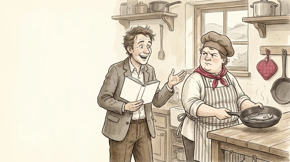 An economist eagerly offering a lecture to an unimpressed chef holding a pan with a fish
