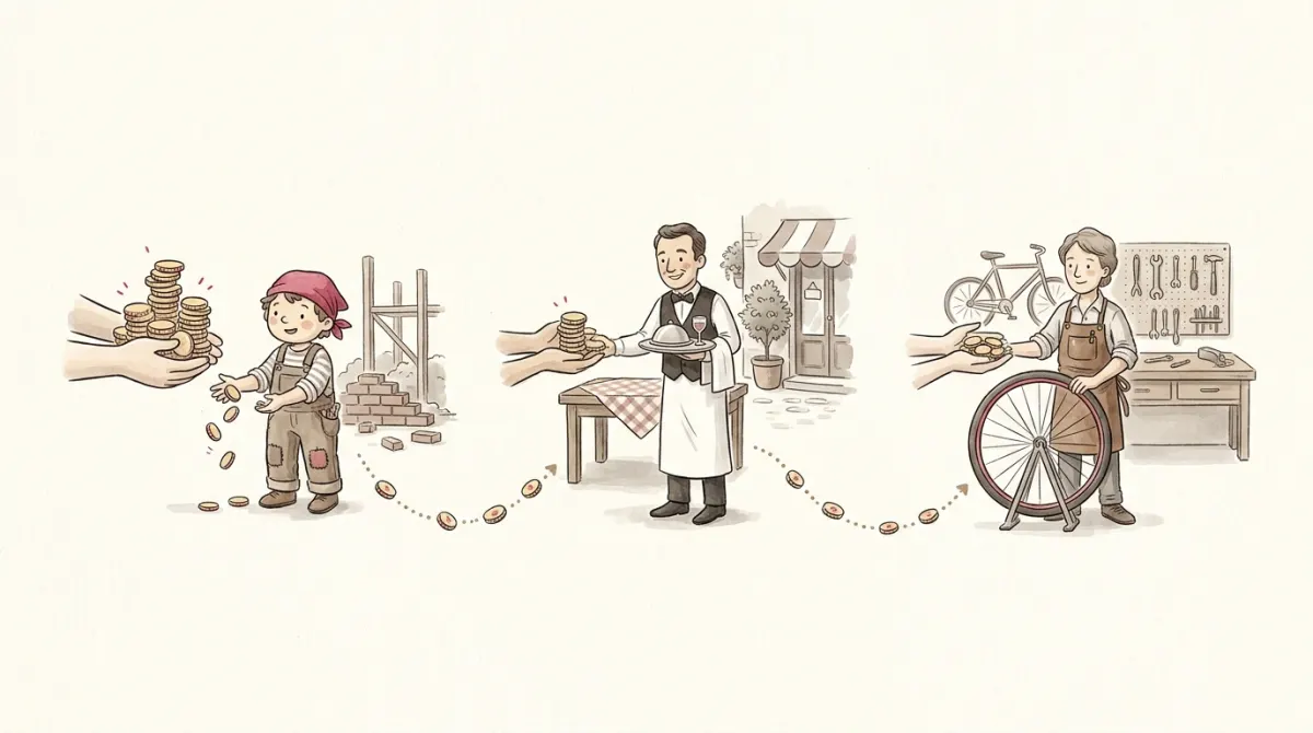 A builder, a waiter, and a bicycle shop owner each receiving a shrinking trail of coins