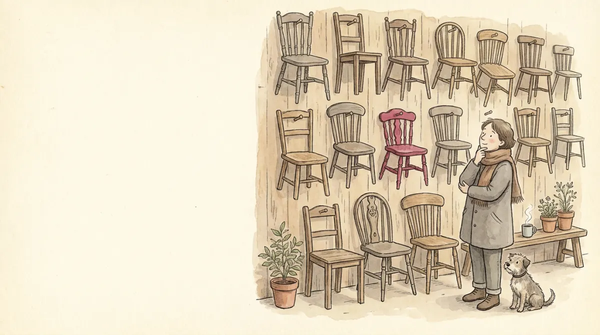 A person choosing among many differently shaped chairs hanging on a wall