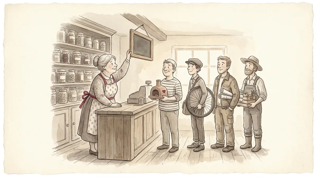 A pantry keeper behind a wooden counter adjusting a chalkboard sign, with a queue of tradespeople waiting, shelves of preserve jars behind her