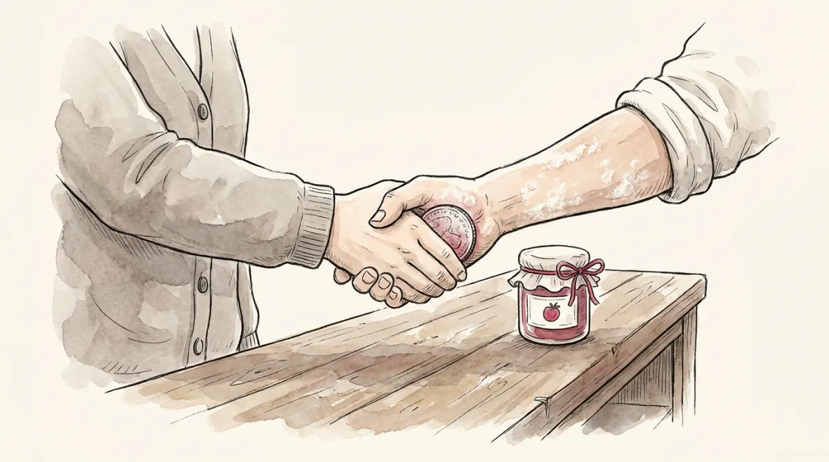 Close-up of two hands shaking over a wooden counter with a single coin passing between the palms, a preserve jar beside them