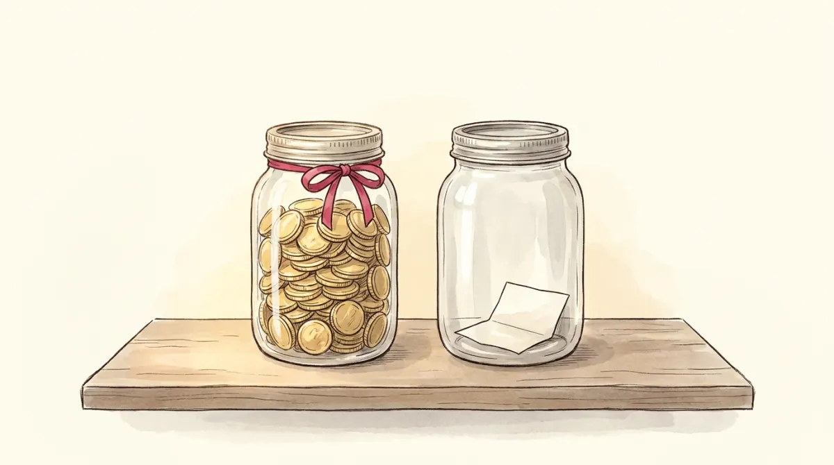 Two pantry jars: one full of coins, one nearly empty holding a folded paper note