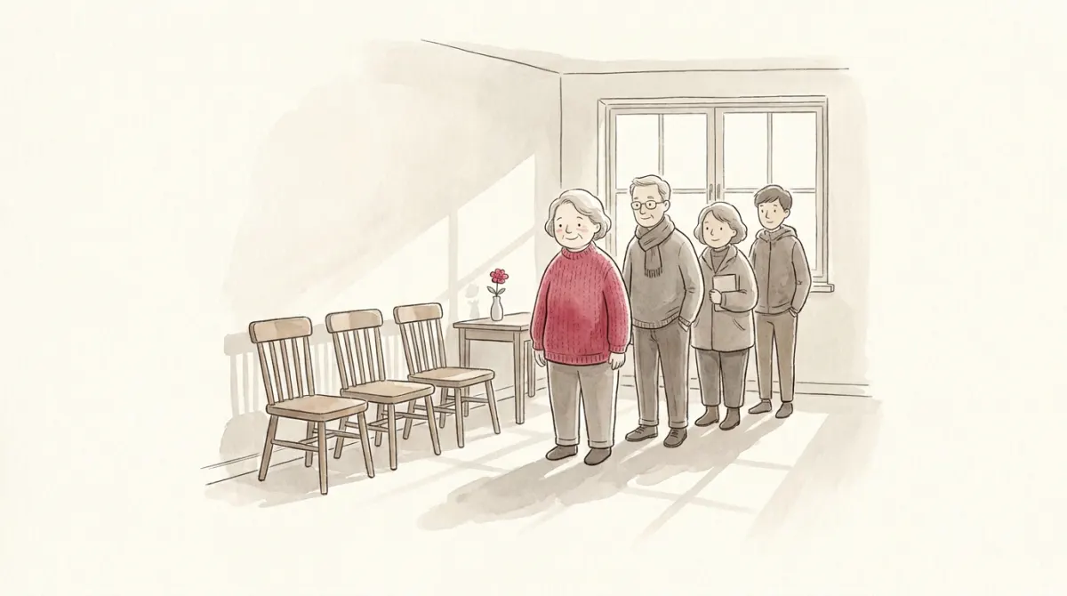 Five people queueing calmly beside a row of only four chairs
