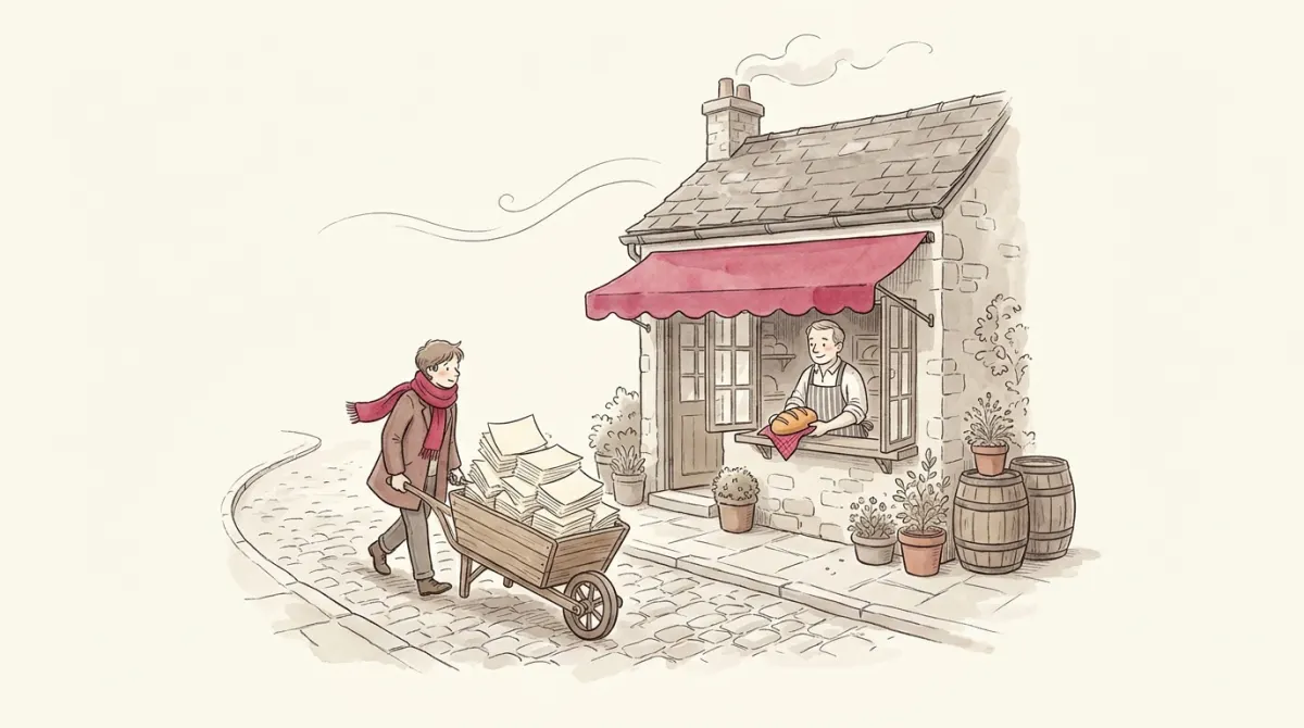 A person pushing a wheelbarrow full of banknotes toward a bakery while the baker holds out a single loaf