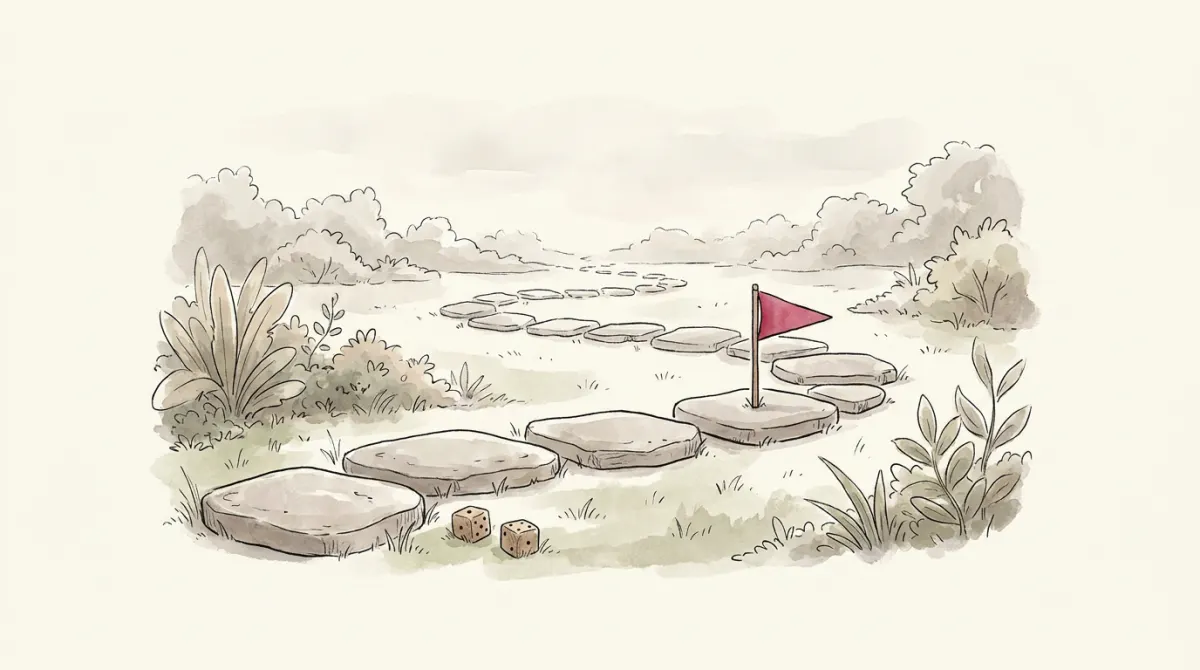 A garden path of stepping stones with a small rose flag planted on the ninth stone, dice by the first
