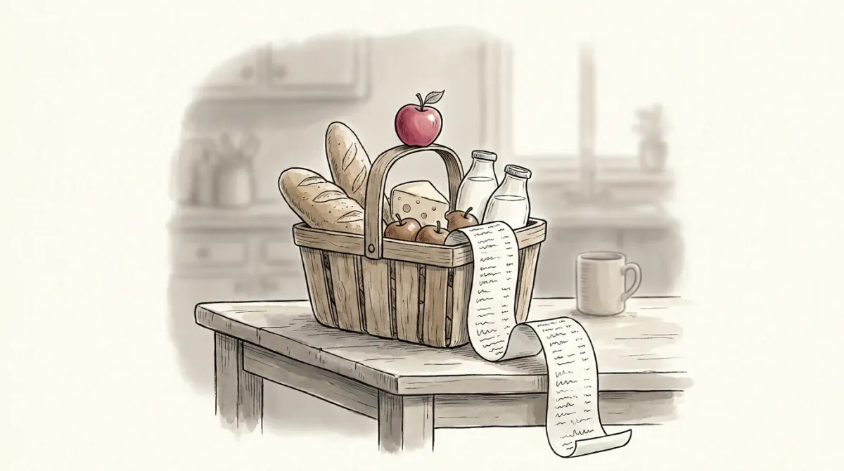 A market basket full of groceries with a long receipt curling out of it