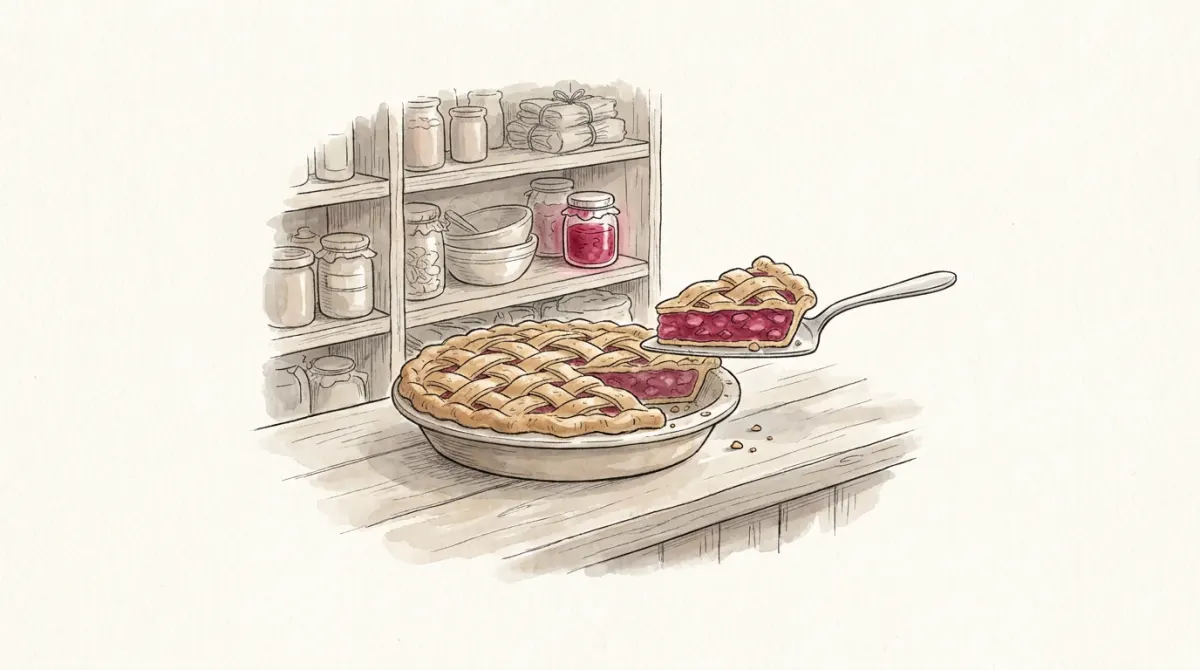 A baked pie on a bakery counter with one slice lifted, pantry shelves with preserve jars behind
