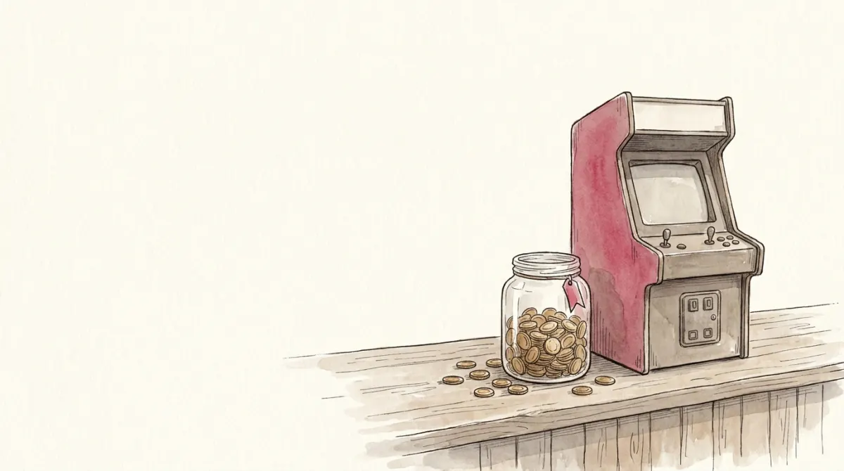 A glass jar overflowing with brass tokens beside a small arcade machine with a rose side panel