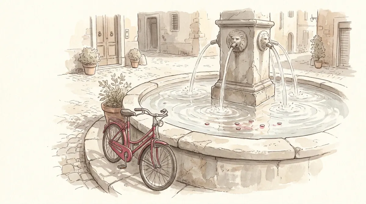 A stone fountain in an Italian piazza pumping water back into its own basin, a rose bicycle leaning against it