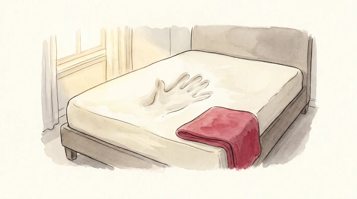 A memory-foam mattress with a hand-shaped dent springing back to shape, a rose blanket folded at the foot of the bed
