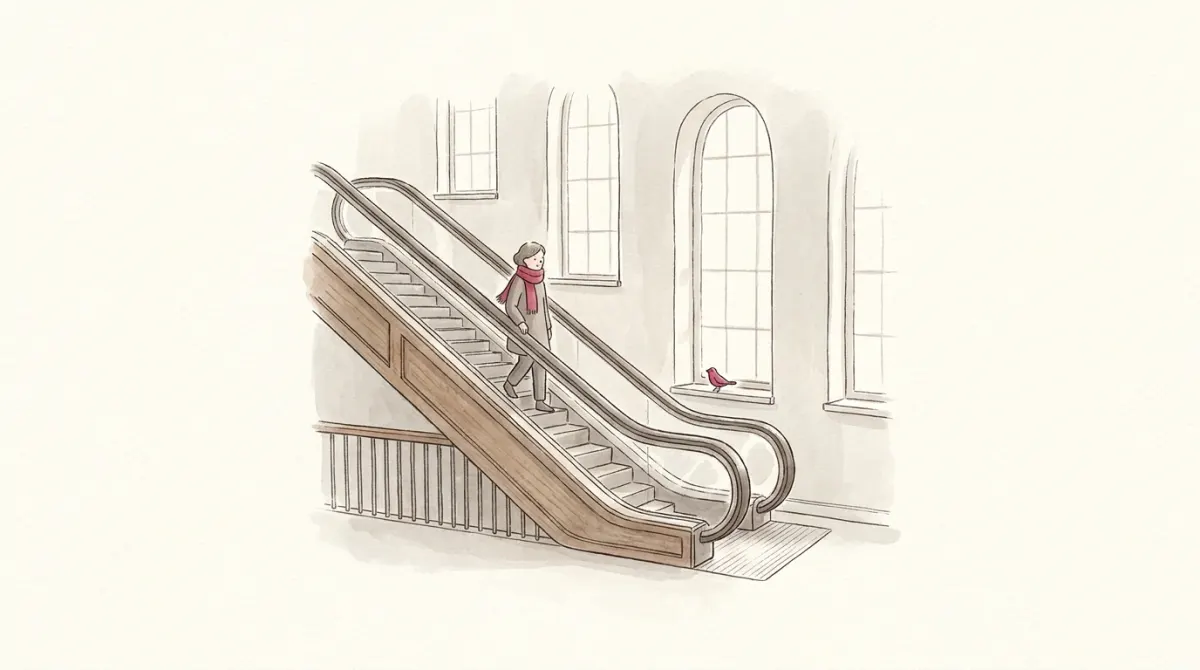 A person with a rose scarf walking down a wooden escalator in a quiet hall