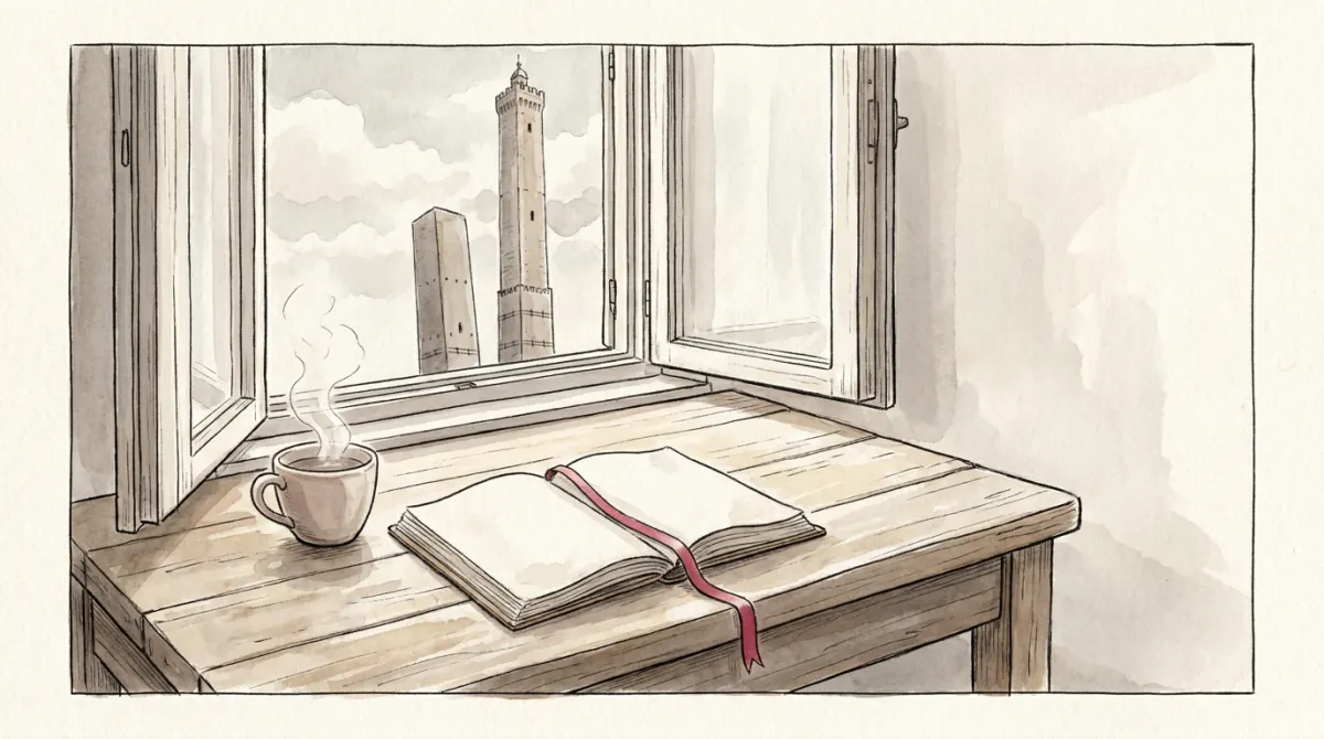 A sunlit desk with an open notebook and coffee, Bologna's two towers outside the window