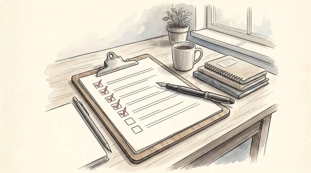 A clipboard with a neat checklist, most boxes ticked in rose, resting on a study desk