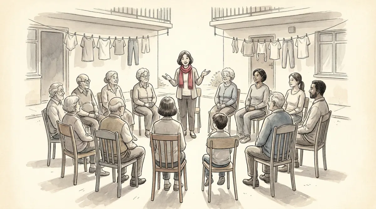 Neighbors seated in a circle in a sunlit courtyard, one woman standing mid-argument with a rose scarf
