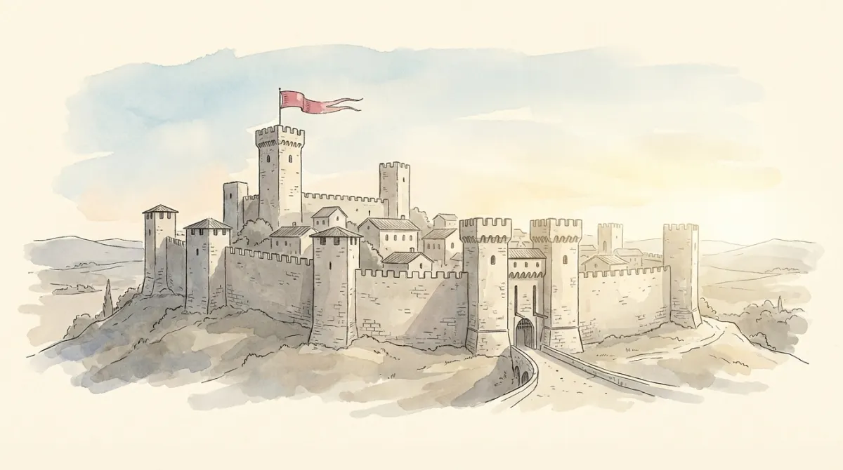 A walled hill town at golden hour, towers and a gate, one rose flag flying from the tallest tower