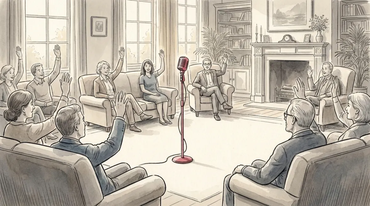A club room with a microphone on a stand at an open floor, many hands raised, one rose microphone