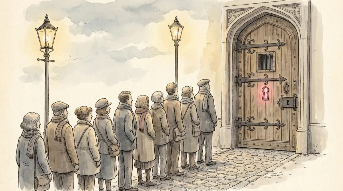 A grand door with heavy iron locks and a small barred window, people waiting outside, warm light, a rose keyhole