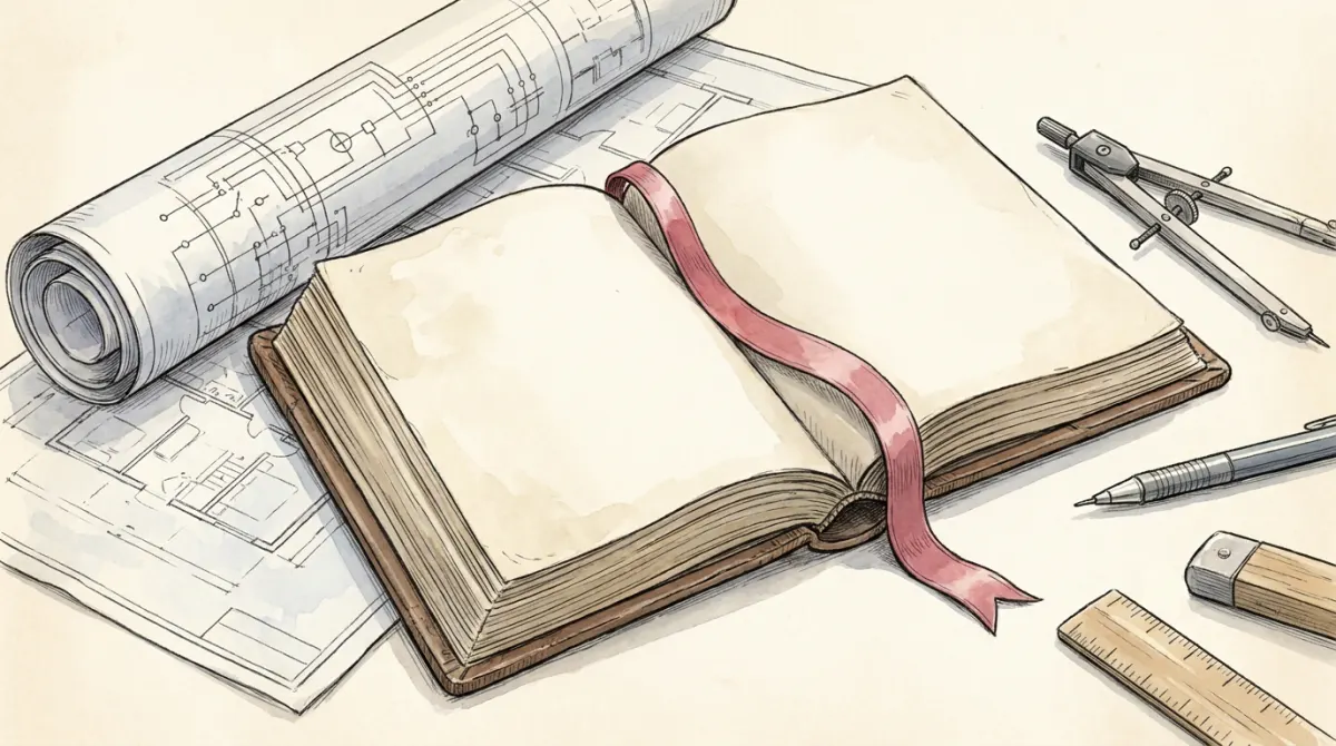An open rulebook beside an architectural wiring blueprint, a rose bookmark ribbon across the page