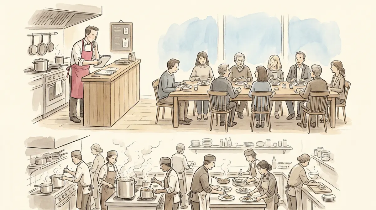A cutaway restaurant: a chef at the pass, a long table of inspecting diners, a bustling kitchen below, one rose apron