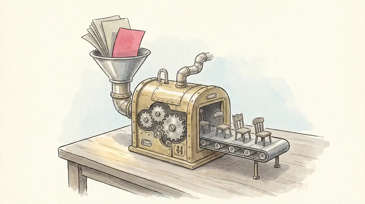 A whimsical brass machine swallowing paper ballots through a funnel and dispensing small chairs on a conveyor, one rose ballot