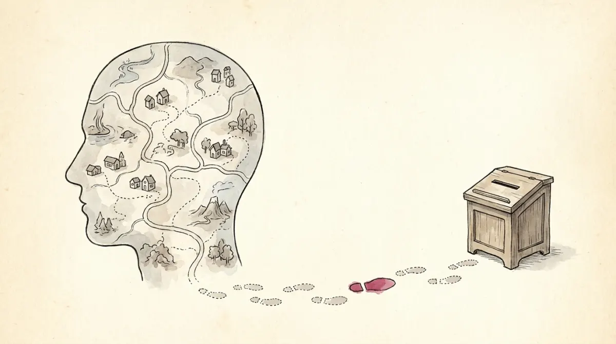 A head in profile containing a small hand-drawn map, footprints walking from it toward a ballot box, one rose footprint