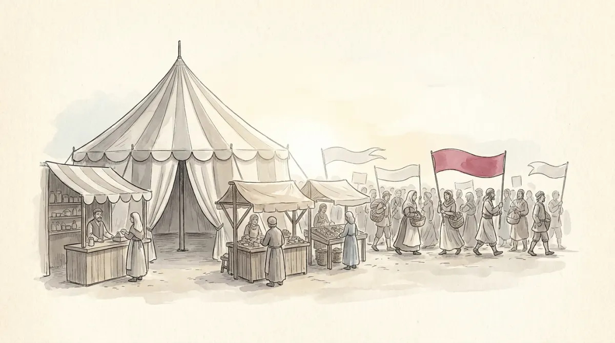 A market square: one large party tent, smaller lobby stalls whispering to a shopkeeper, a crowd with banners, one rose banner