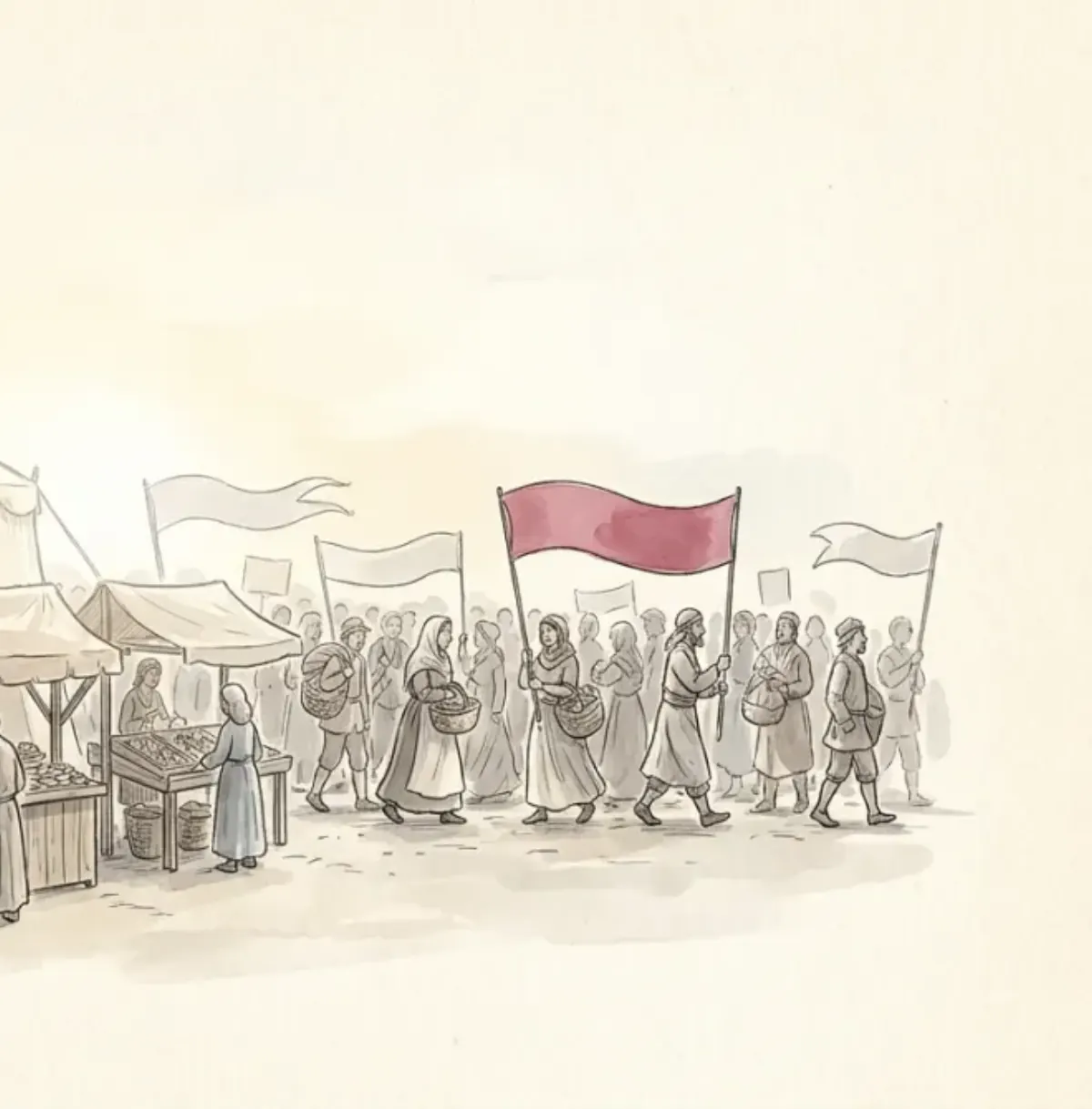 A crowd crossing a square carrying banners and placards, one banner rose-red: messages on the move