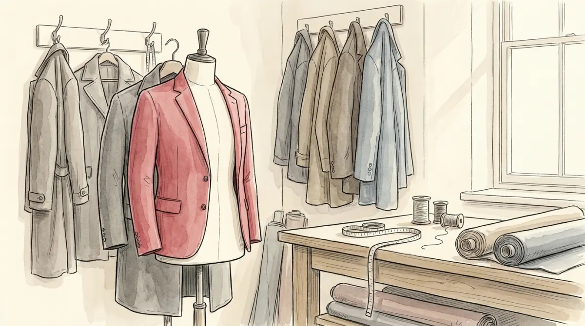 A tailor's mannequin wearing a thin bright rose jacket over heavier coats hanging on hooks behind it
