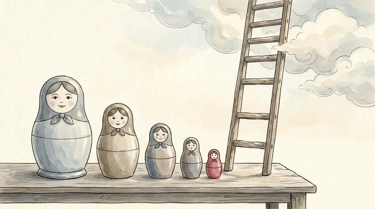 Nesting dolls lined up from large to small beside a wooden ladder rising into soft clouds, the smallest doll rose-colored