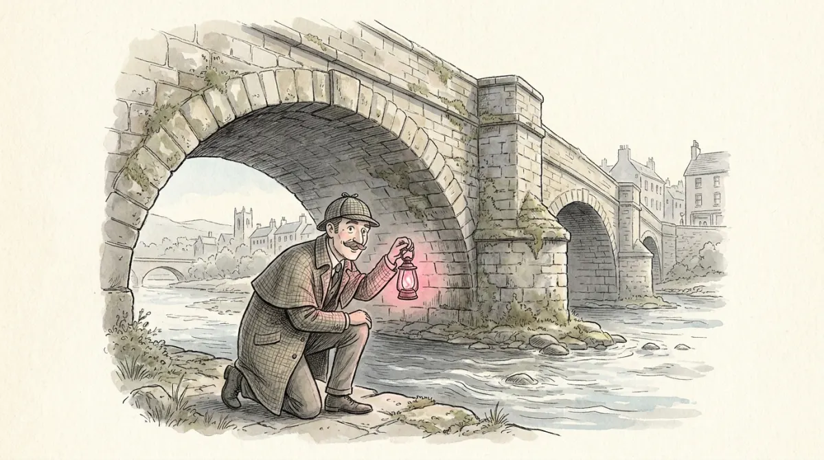 An inspector with a lantern examining the arch beneath a great stone bridge at dusk, one rose lantern glow