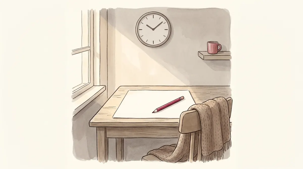 A tidy desk with blank ruled sheets and a rose fountain pen, a wall clock above, warm morning light