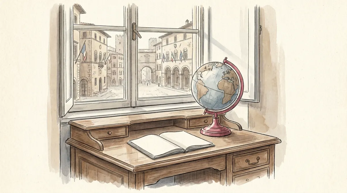 A sunlit desk with an open notebook and a small globe, an Italian piazza with flags outside the window